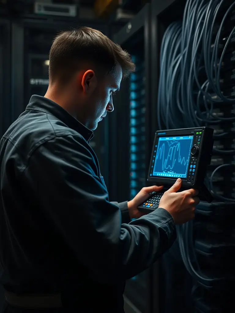 A close-up shot of a fiber optic cable being tested with an OTDR (Optical Time Domain Reflectometer) in a professional setting, showcasing the precision and technology used by Atlanta Fiber Optic.