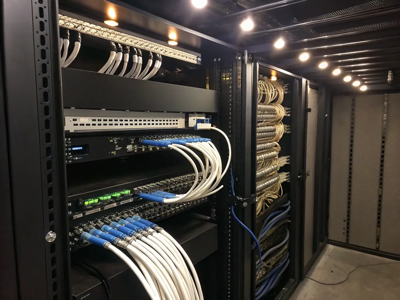 A clean and organized fiber optic riser installation in a commercial building, showcasing neatly arranged cables and professional cable management.