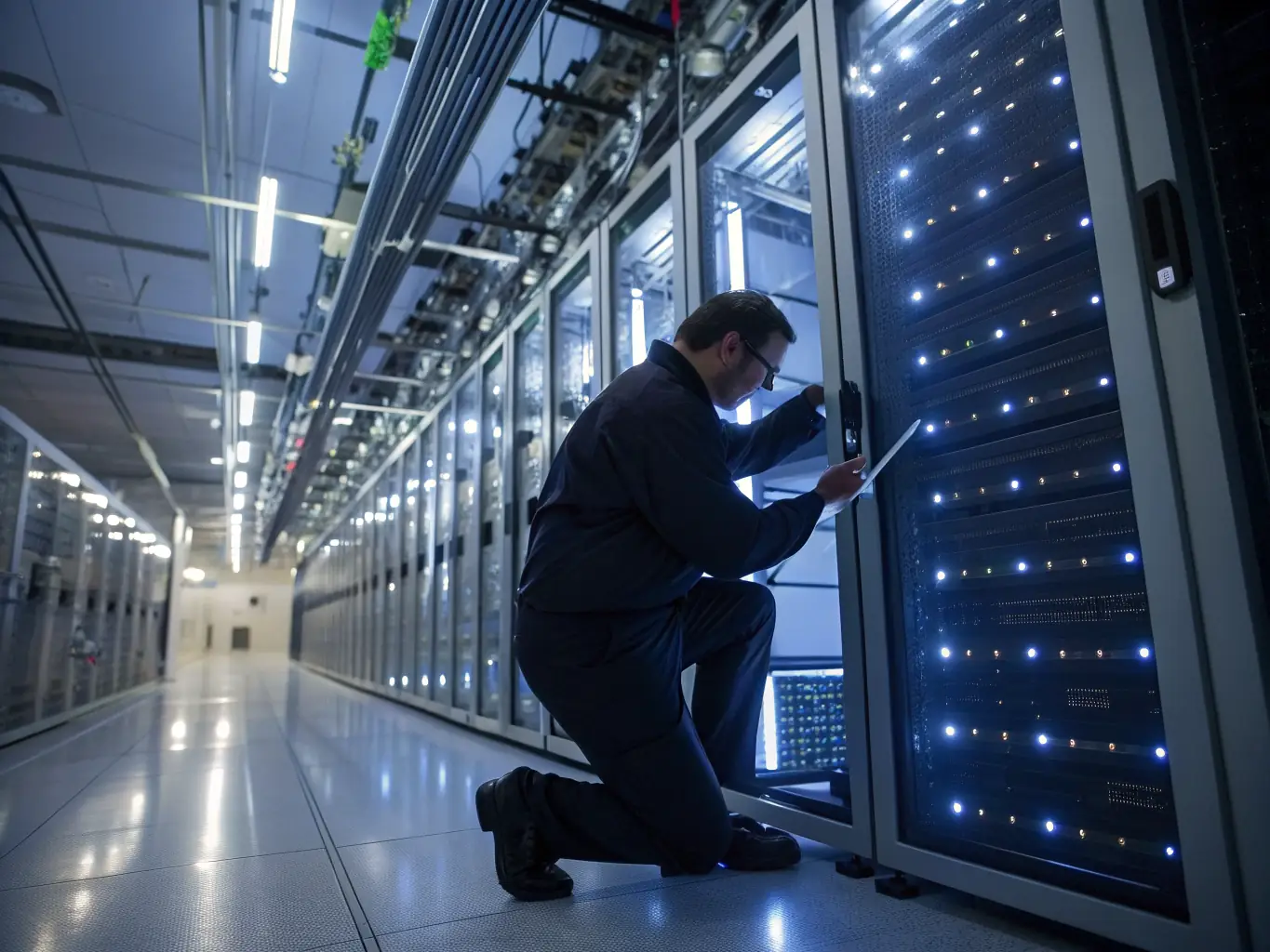 A technician working efficiently on an emergency fiber repair in a data center environment, demonstrating Atlanta Fiber Optic's commitment to fast response times and minimizing downtime.