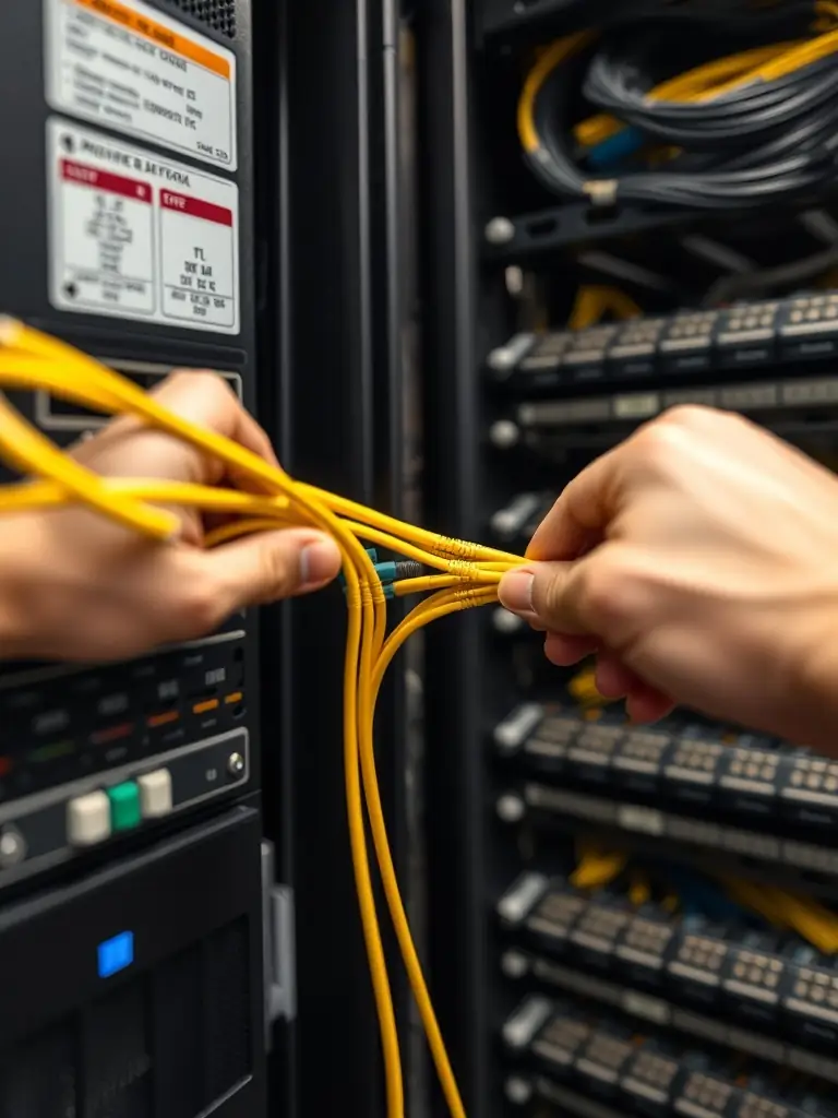 A close-up shot of a neatly organized fiber optic patch panel, highlighting the TIA-568 compliant cabling and professional installation by Atlanta Fiber Optic.