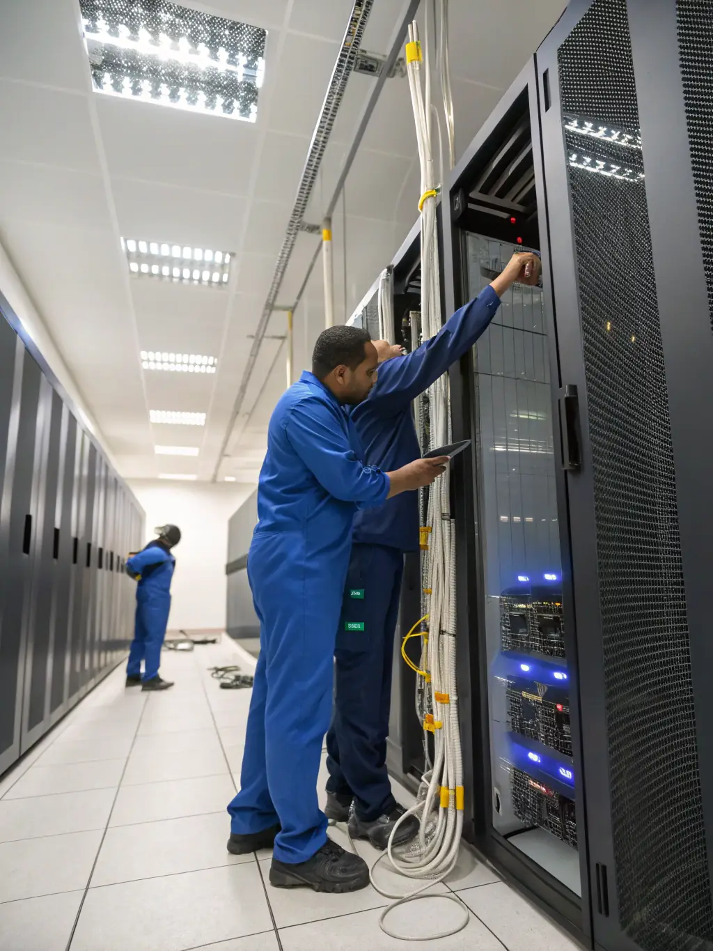 A professional photo of Atlanta Fiber Optic technicians working in a data center environment, showcasing their expertise in handling complex enterprise-level projects.