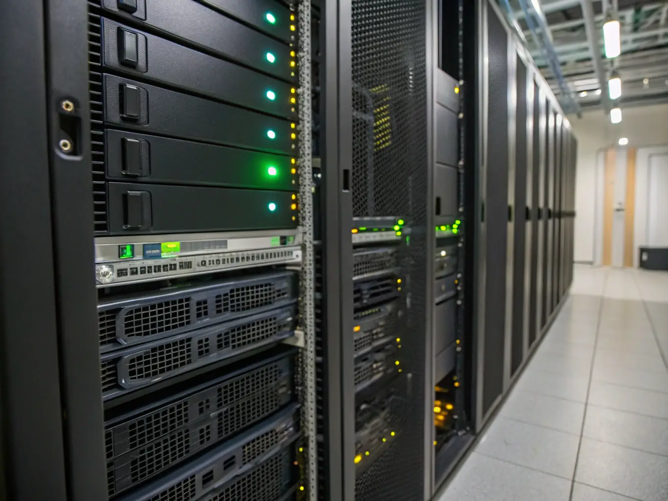 A high-density fiber optic patch panel in a data center, showcasing organized and labeled fiber connections, with servers and networking equipment visible in the background.