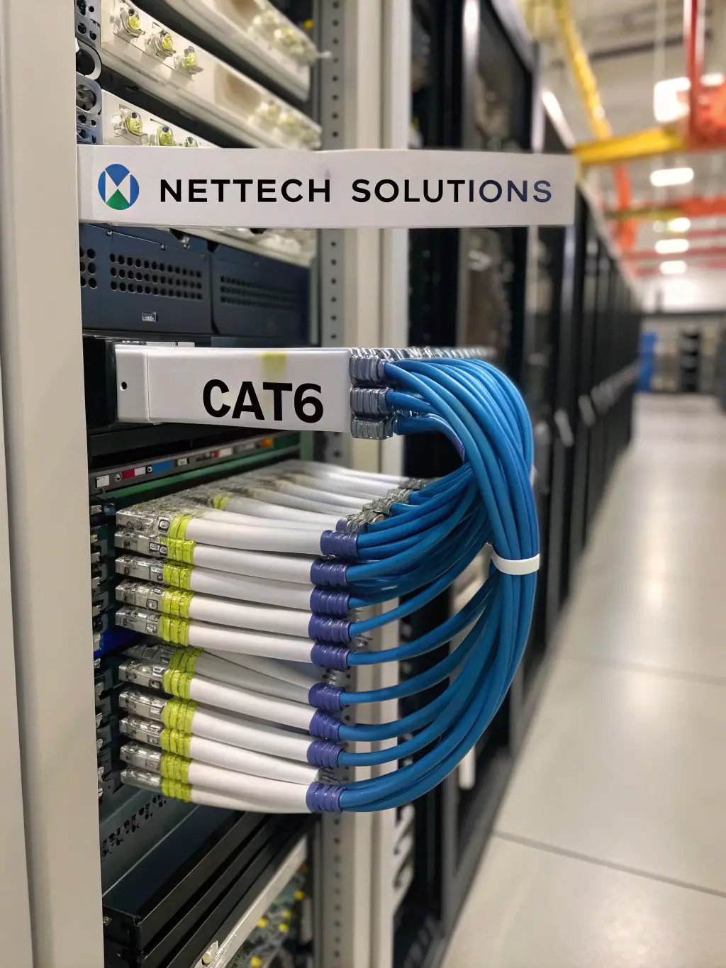 A photo of clearly labeled fiber optic cables and patch panels in a data center, emphasizing Atlanta Fiber Optic's attention to detail and proper labeling practices.