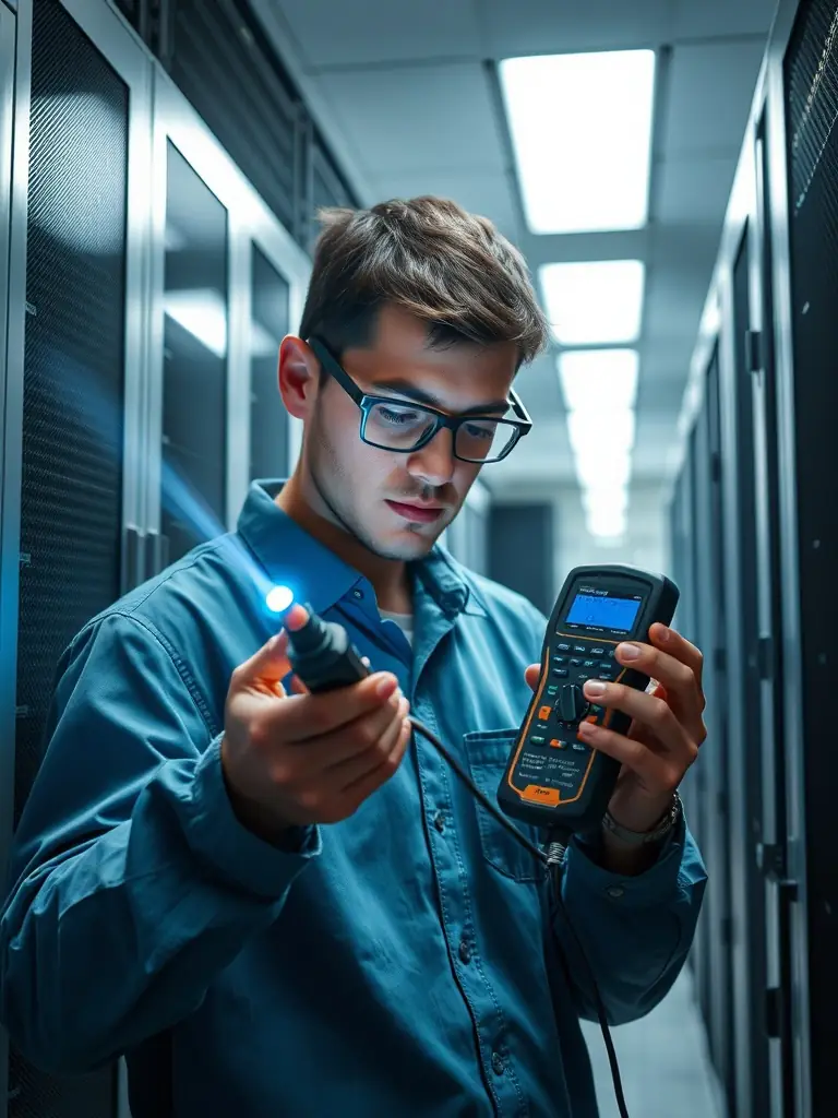 A technician swiftly diagnosing a fiber optic issue in a data center environment, using specialized tools to pinpoint the problem quickly and efficiently.