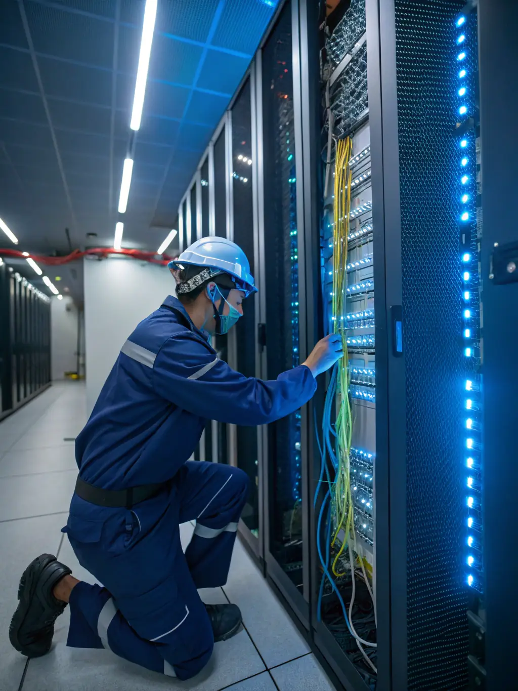 An image of a technician meticulously labeling fiber optic cables in a data center, emphasizing the importance of organization and documentation for efficient maintenance and troubleshooting.