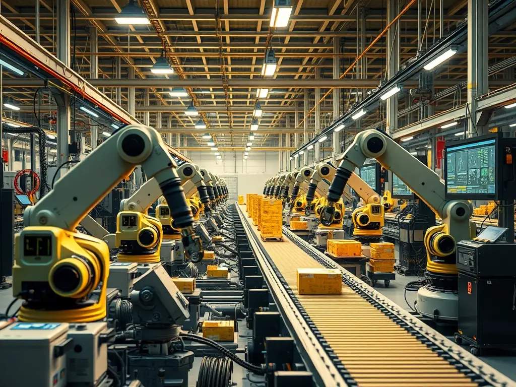 Robotic arms and automated machinery in an industrial setting, connected by fiber optic cables, with a focus on the clean and organized cable management.