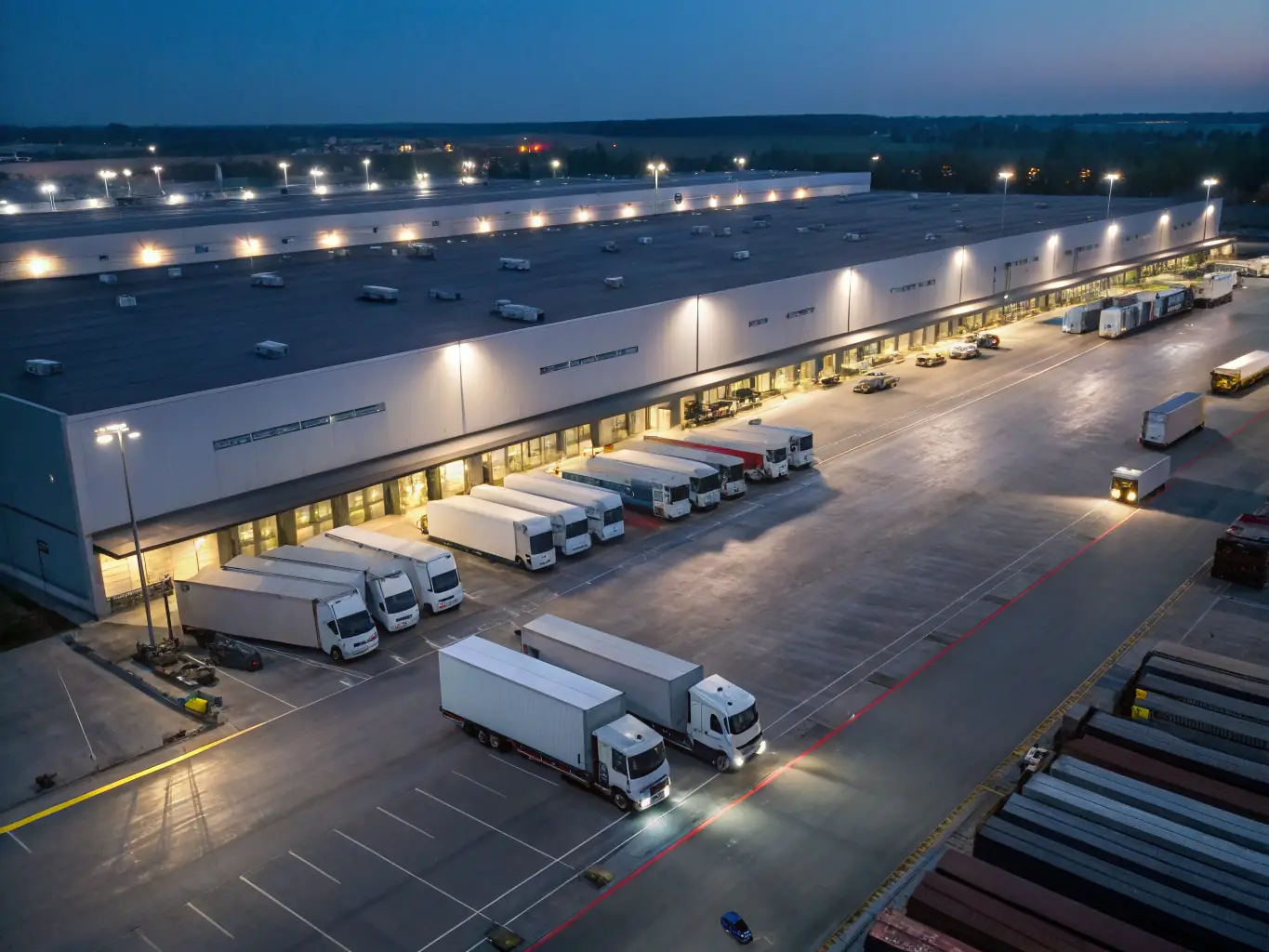 An aerial view of a large distribution center at night, with lights illuminating the loading docks and trucks. The image conveys the scale and complexity of modern warehouse operations, highlighting the need for a reliable and high-performance network.