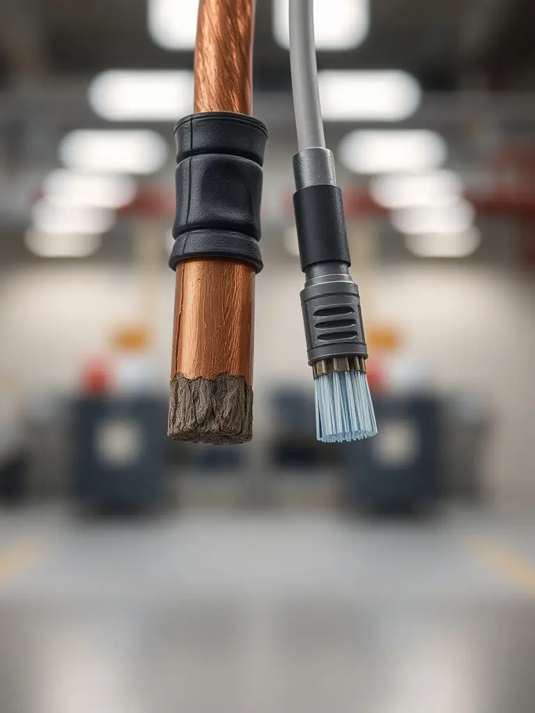 A split image showing the lifespan of copper cables versus fiber optic cables, visually demonstrating the long-term durability and reduced maintenance needs of fiber.