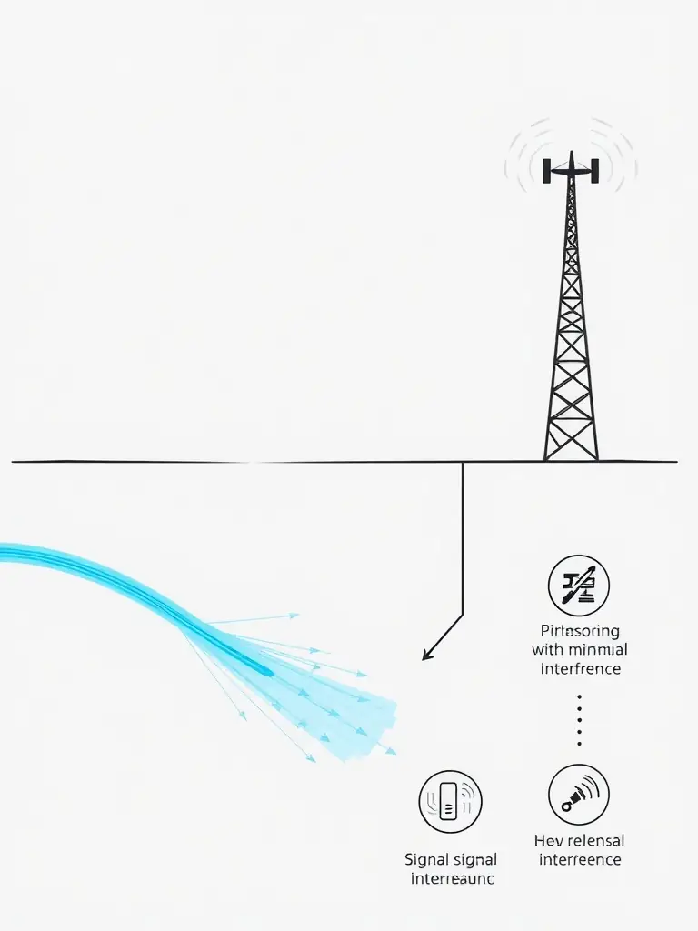 A diagram illustrating the signal path of underground fiber optic cable compared to a wireless signal, highlighting the reduced interference and signal degradation.
