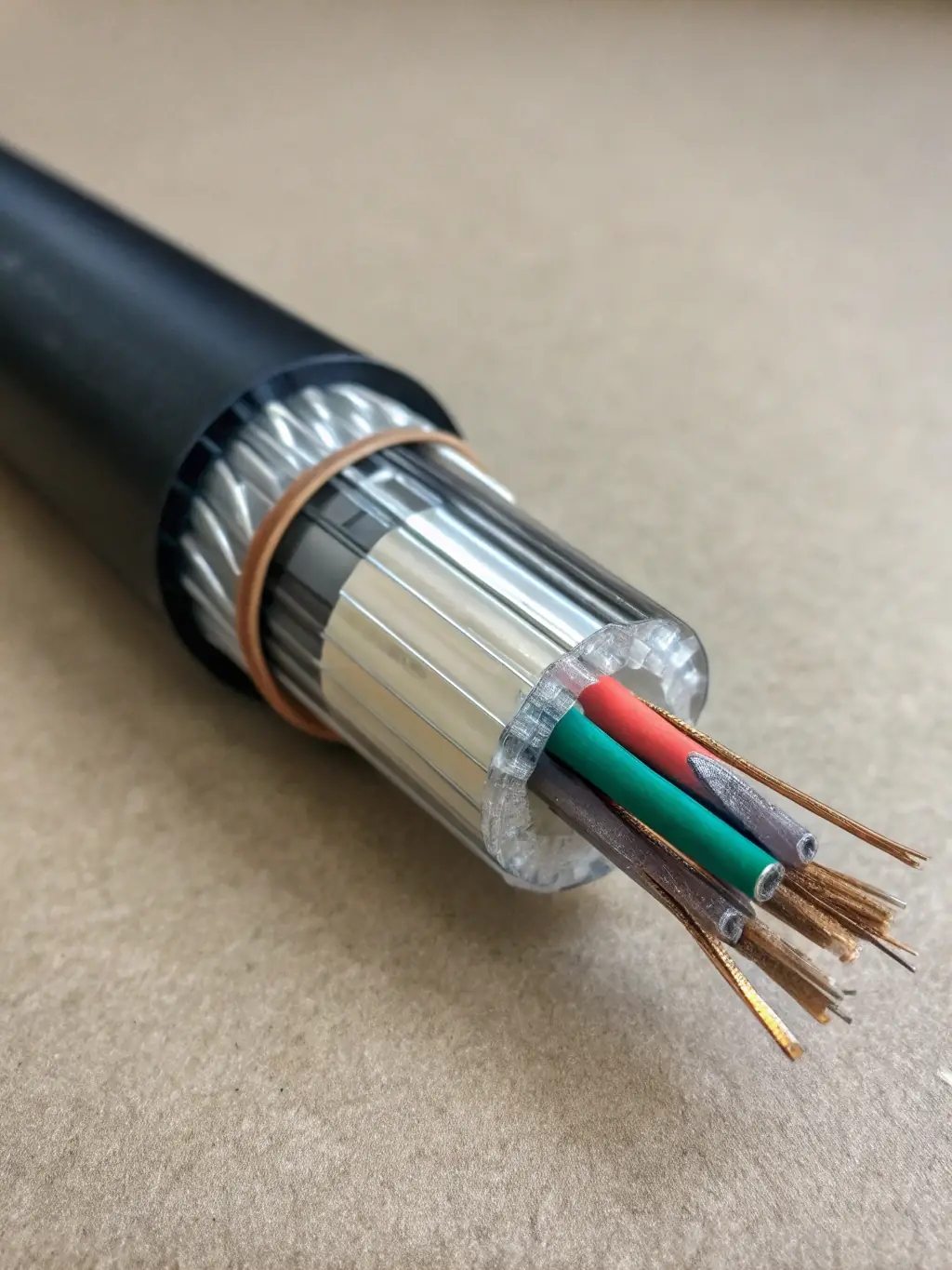 A close-up shot of an underground fiber optic cable being installed, encased in protective conduit, with a focus on its robust construction and shielding.