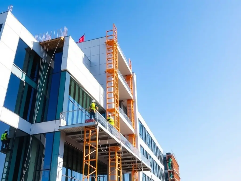 A photograph showcasing a modern office building connected to another via underground fiber optic cables, emphasizing the seamless integration and minimal disruption to the surrounding environment.