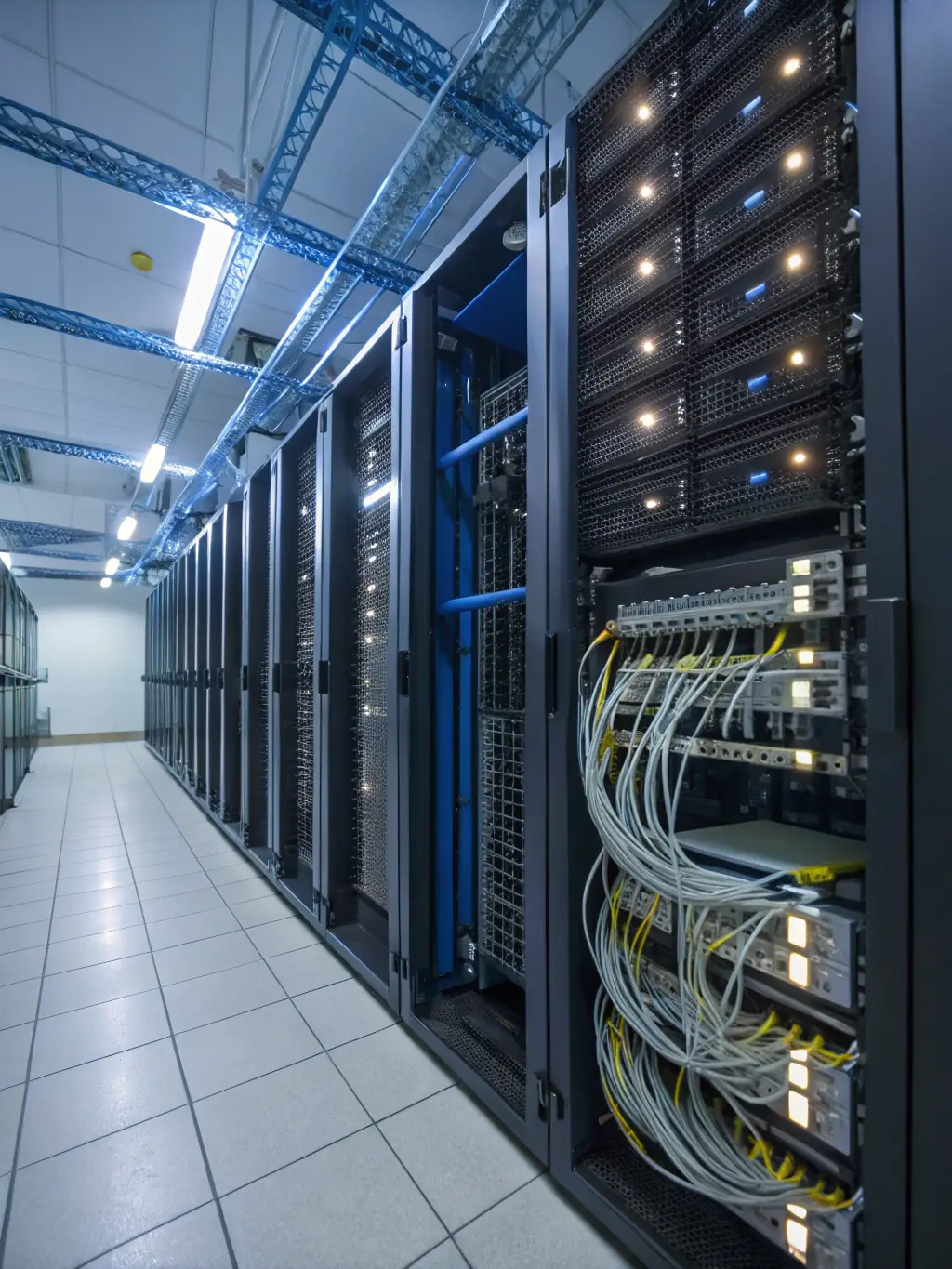 An image of a secure data center with multiple servers, connected by underground fiber optic cables, emphasizing the secure and reliable data transmission.