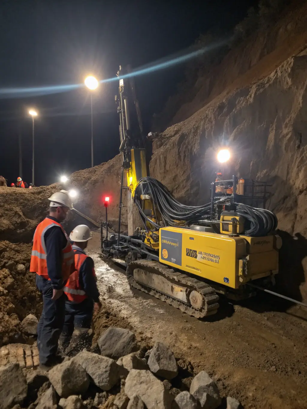 An image of horizontal directional boring equipment in action, demonstrating the ability to install fiber optic cable under existing structures without surface disruption. The setting should be a commercial or industrial area.