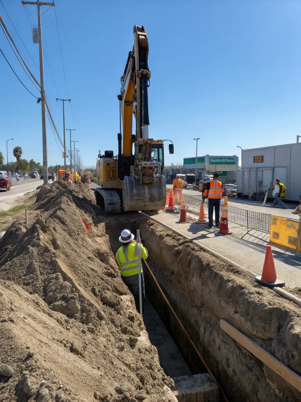 A close-up shot of a trench being dug for fiber optic cable installation, showcasing the precision and care taken during the trenching process. The image should convey professionalism and attention to detail.