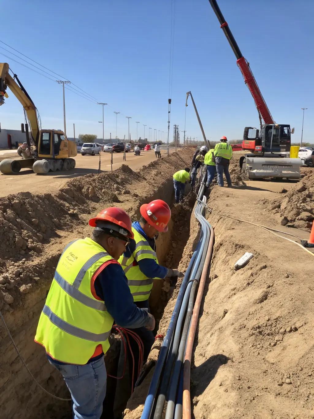 A picture of direct burial fiber optic cable being installed, showing the cable being laid directly into the ground with appropriate markings and safety measures. The soil should be typical of the Atlanta area.